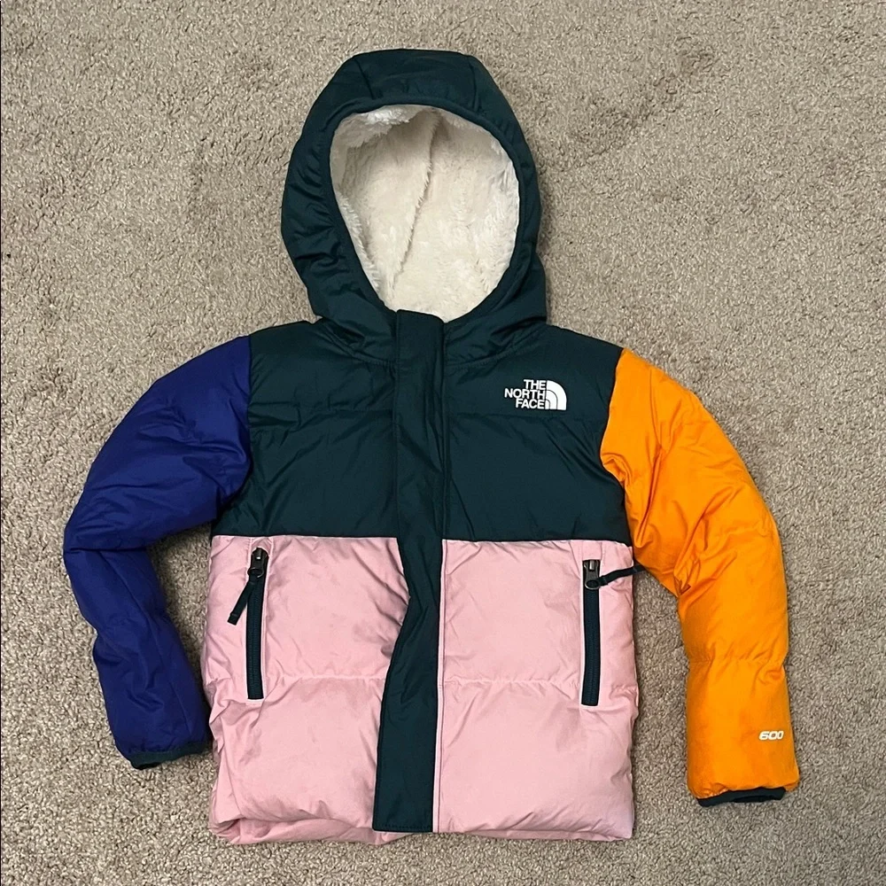 The North Face Colorblock Hooded Puffer Jacket - Green/Pink/Orange/Purple 3T